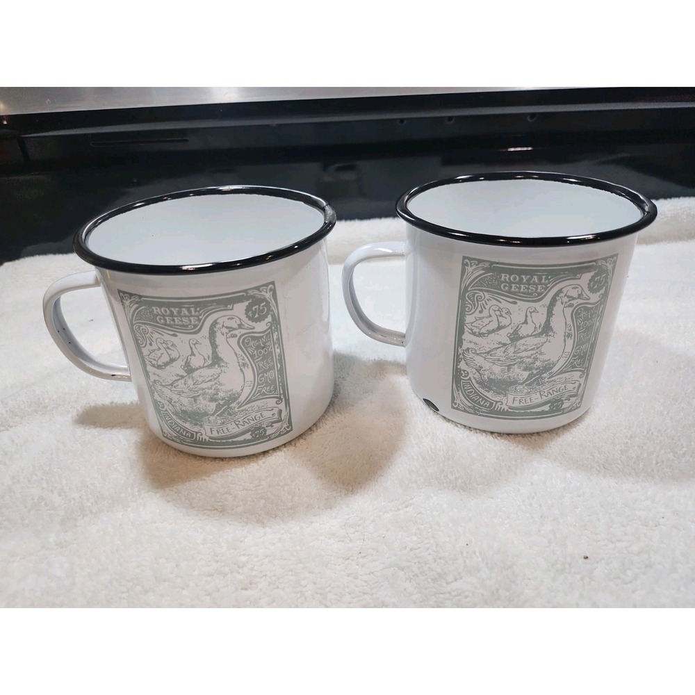 Red Shed~Stamp Enamel Mugs~Free Range~Royal Geese~Indiana~NWT